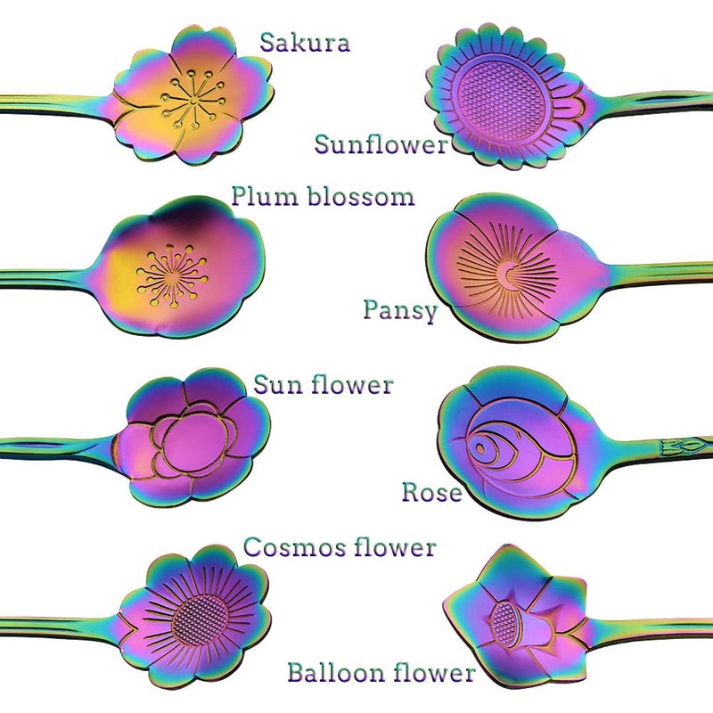 AnSaw 8 Pc Rainbow Flower Spoon Set, Stainless Steel Reusable Tea Scoops Stirring Coffee Mixing Sugar Dessert Cake Ice Cream Spoons, 4.9 Inch - Image 3